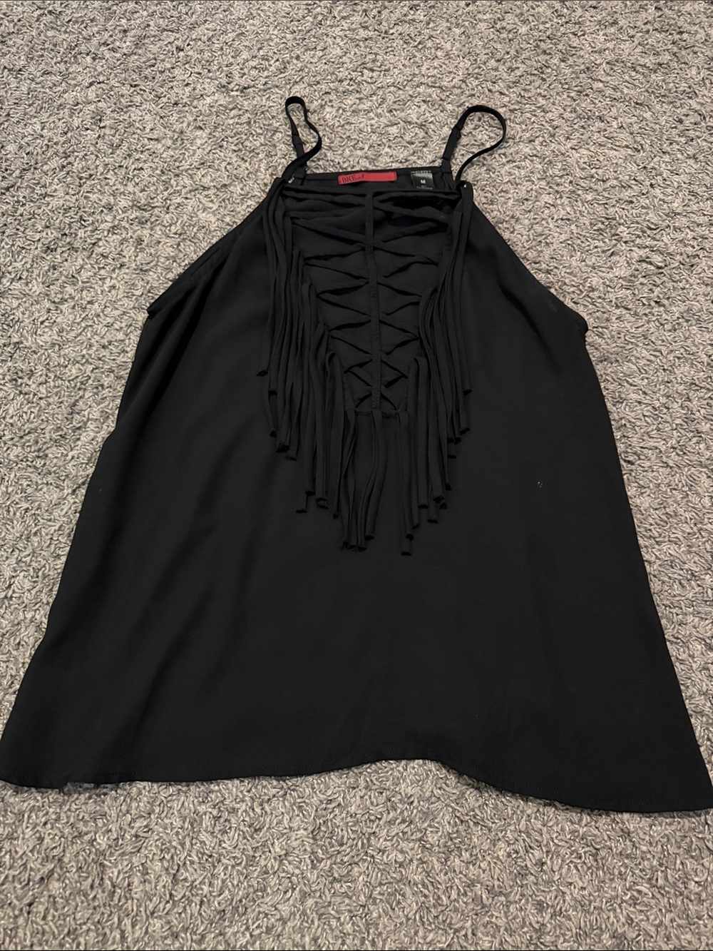 BKE Red - Black Fringe Lace-Up Halter Tank Top